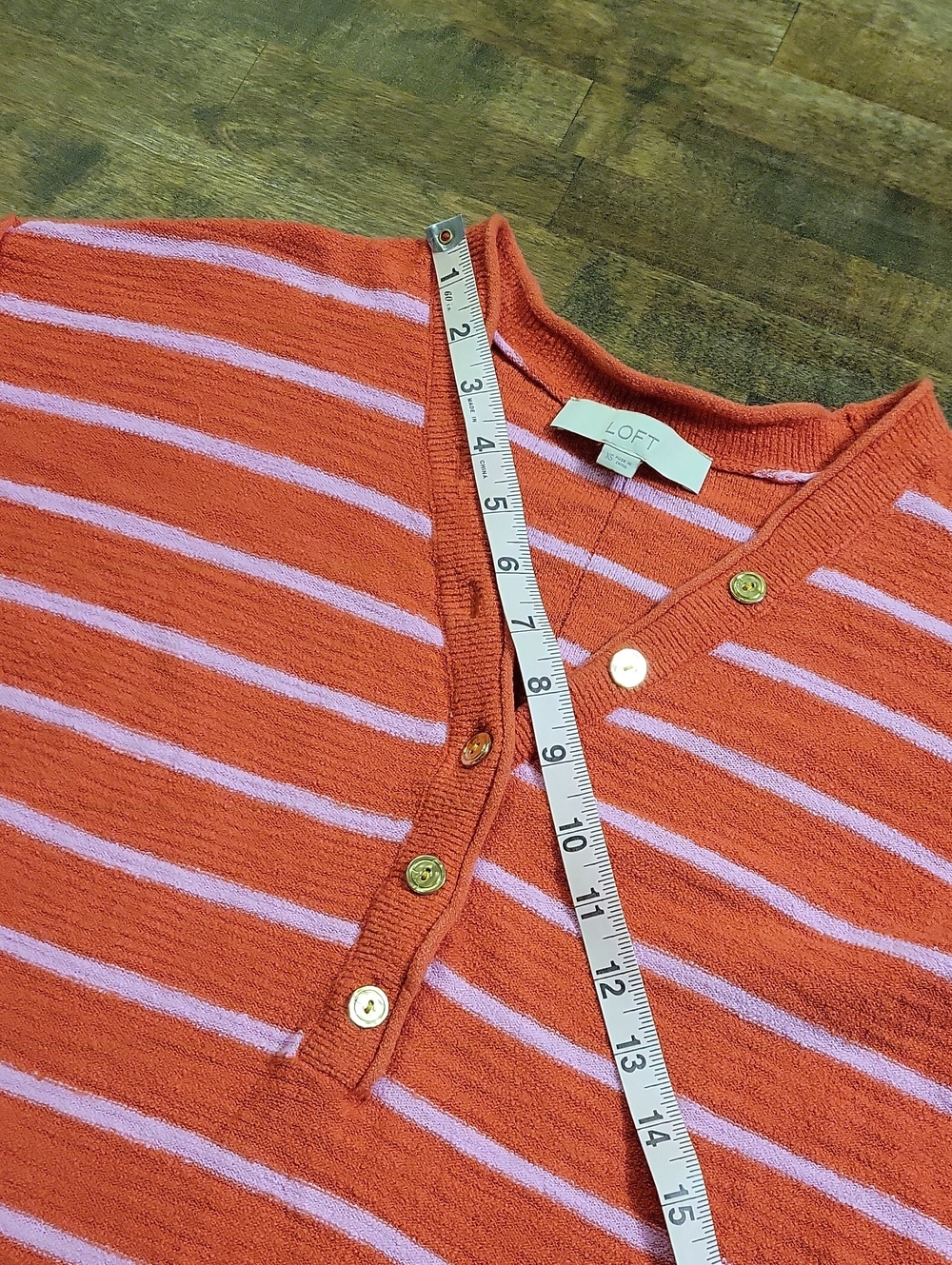 LOFT Coral Pink Striped V-Neck Button Sweater Size XS - Picture 8 of 15